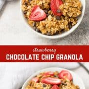 Chocolate Chip Granola with Strawberries walks the line between breakfast and dessert but it is fully and completely in DELICIOUS territory! Strawberries and chocolate are a match made in heaven, and all the other players in this granola make the flavors pop! Make it today and enjoy it all week! 