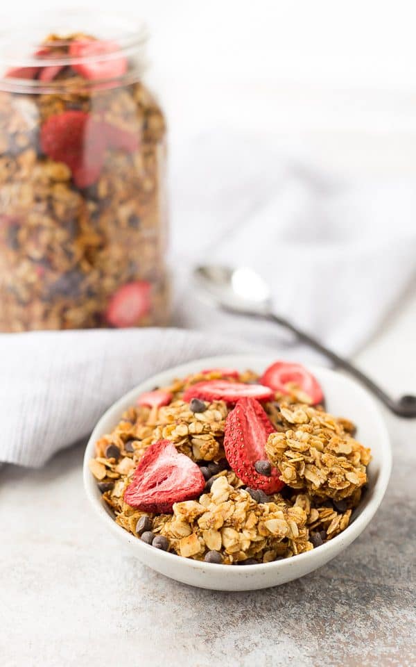 Chocolate Chip Granola with Strawberries walks the line between breakfast and dessert but it is fully and completely in DELICIOUS territory! Strawberries and chocolate are a match made in heaven, and all the other players in this granola make the flavors pop! Make it today and enjoy it all week! 