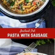 A complete pasta dinner, made in your Instant Pot! You'll love this Instant Pot Pasta with Sausage, Spinach, and Tomatoes. You might have all the ingredients on hand already! It's healthy, satisfying, easy, and versatile, and you're going to keep making it again and again! 