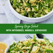 This spring orzo salad is full of bright and fresh flavors that will make you happy from the very first bite! Crisp asparagus, spicy arugula, and flavorful pine nuts are all dressed in a springy basil lemon vinaigrette. It's a huge hit every time! Make it for your next party, you won't regret it!