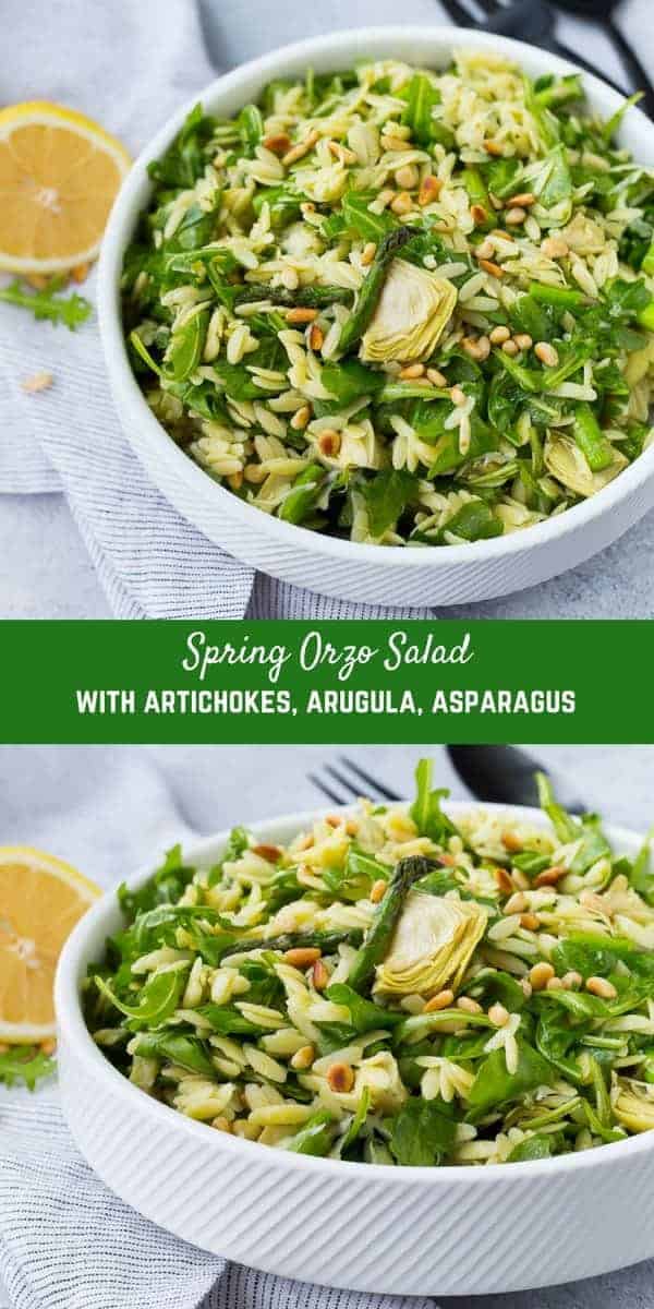 This spring orzo salad is full of bright and fresh flavors that will make you happy from the very first bite! Crisp asparagus, spicy arugula, and flavorful pine nuts are all dressed in a springy basil lemon vinaigrette. It's a huge hit every time! Make it for your next party, you won't regret it!