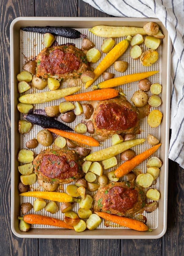 Overhead of turkey meatloaf dinner on sheet pan.