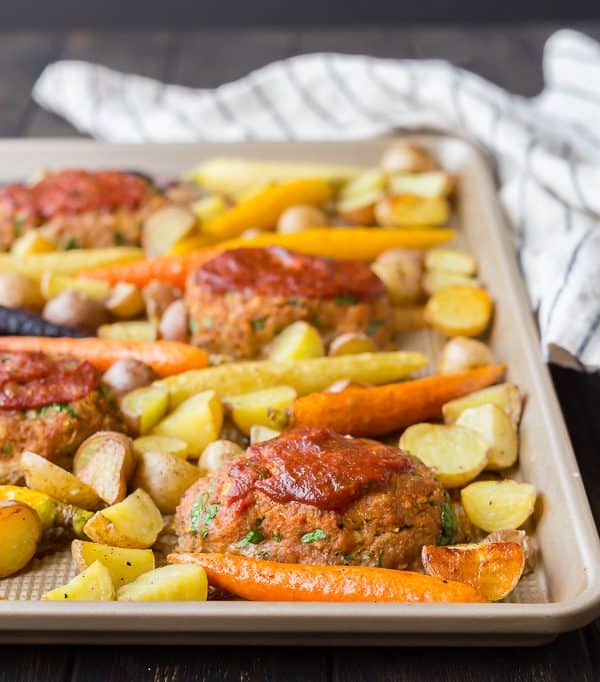 Turkey meatloaves on sheet pan with roasted vegetables.