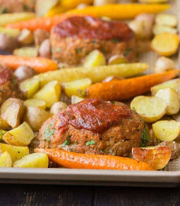 Closeup of sheet pan dinner.