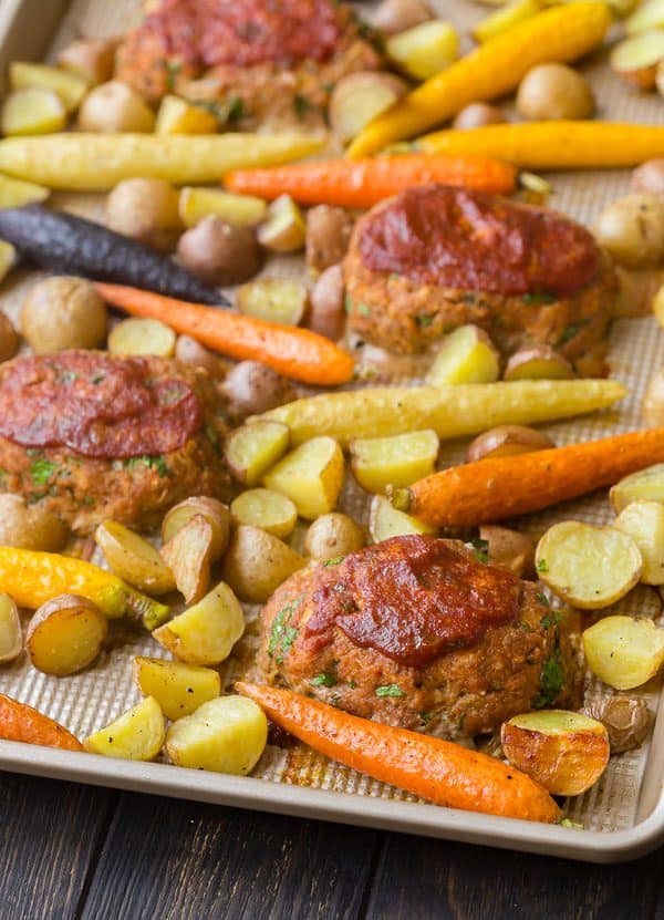 Image of four Mini Turkey Meatloaf on a sheet pan 