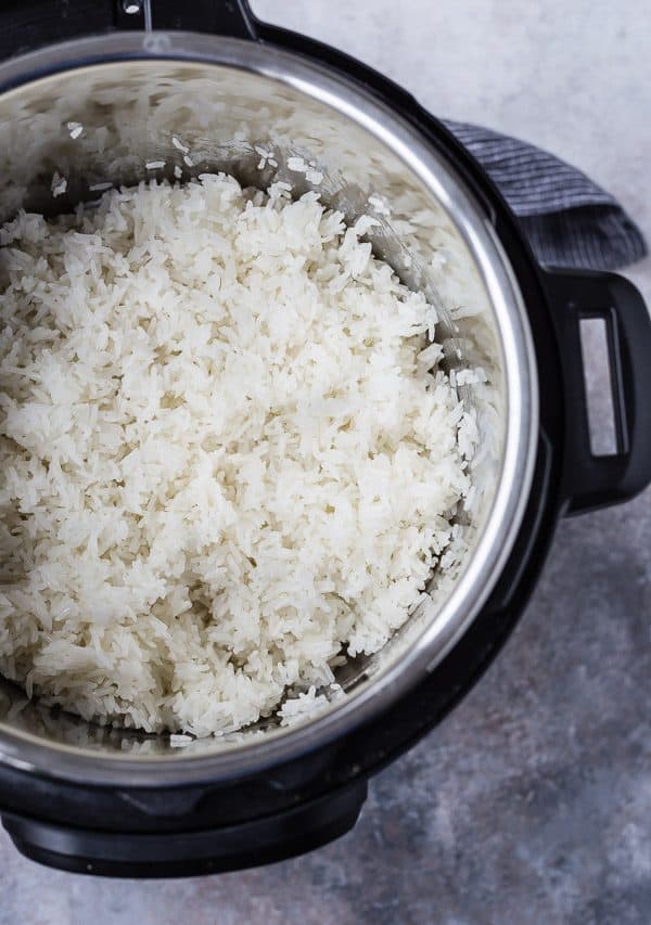 Overhead closeup of cooked rice in Instant Pot.