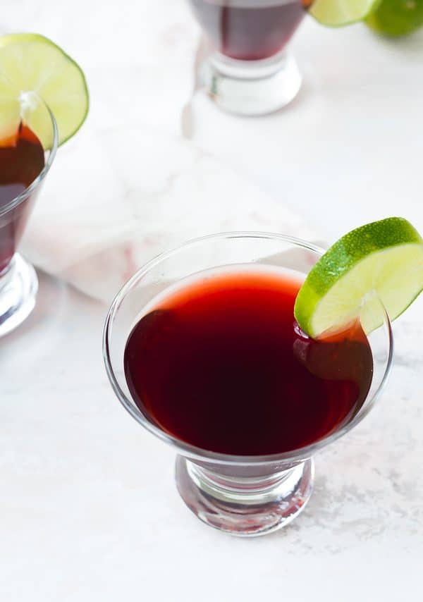 This cherry martini with lime and elderflower is fruity, flavorful, and so easy to make! Make a big pitcher for entertaining or make a single glass for a night out on the deck. You're going to love it! 