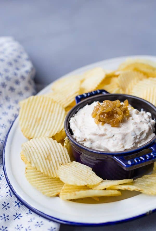 Homemade french onion dip is made with greek yogurt and homemade seasoning for a healthy version of this dip that disappears quickly every time!