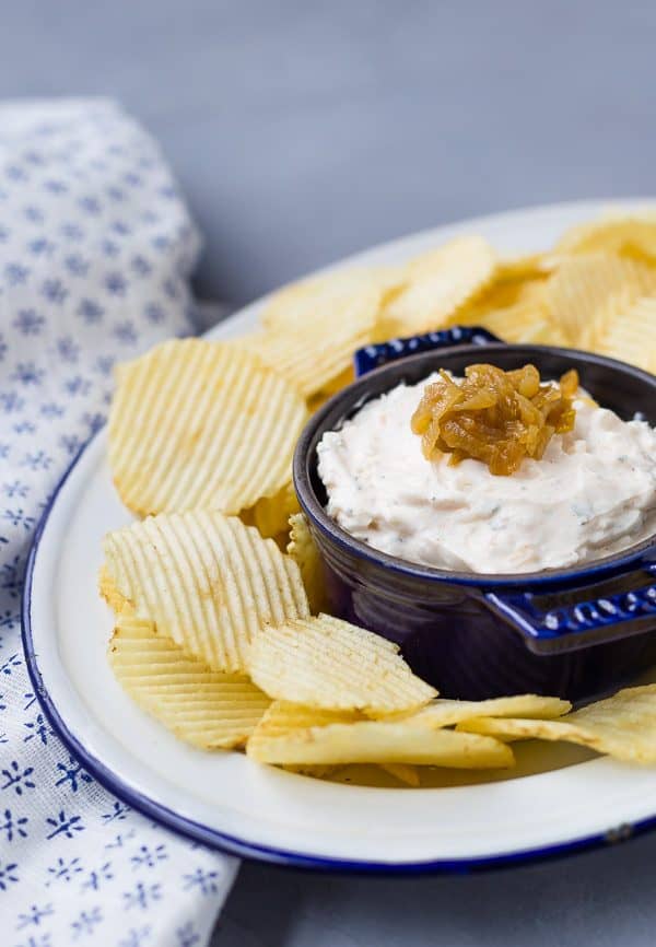 Homemade french onion dip is made with greek yogurt and homemade seasoning for a healthy version of this dip that disappears quickly every time!