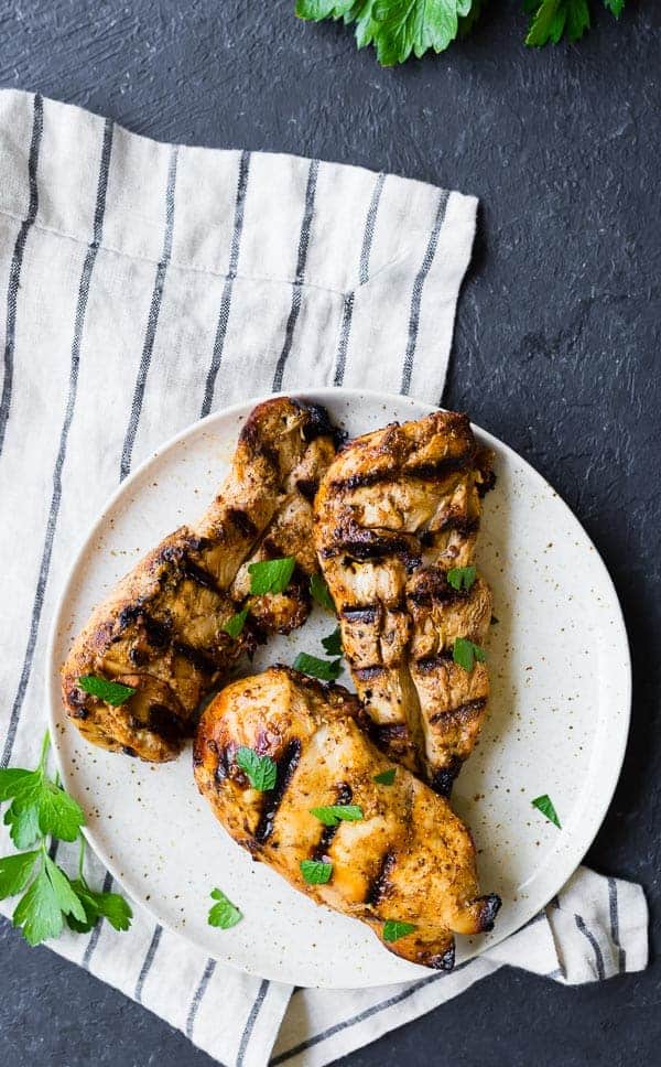 Overhead of chicken breasts on round plate.