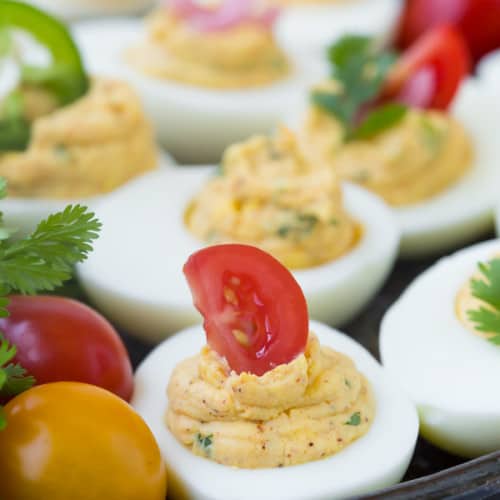Full of flavor, these southwest deviled eggs are a fun twist on a favorite. Another bonus: You can add so much variety with the toppings! 