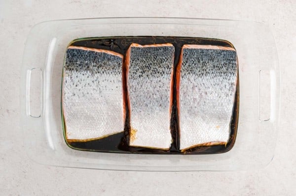 Three salmon fillets marinating skin-side-up in a glass baking dish.