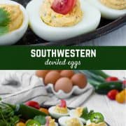 Full of flavor, these southwest deviled eggs are a fun twist on a favorite. Another bonus: You can add so much variety with the toppings! 