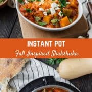 Fall inspired Instant Pot Shakshuka is easy, healthy and so delicious. Get some crusty bread to dip in the tomato sauce and eggs and you're ready to dig in! 