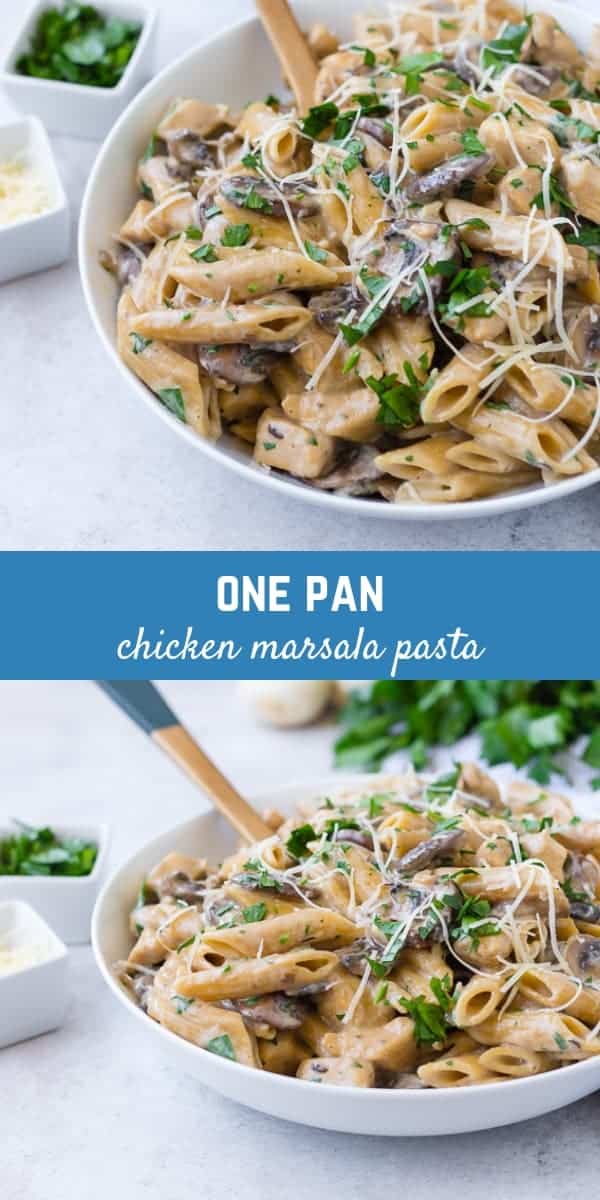 All the flavors of chicken marsala in a rich, creamy pasta - all made in one pan! This chicken marsala pasta is perfect for busy weeknights!