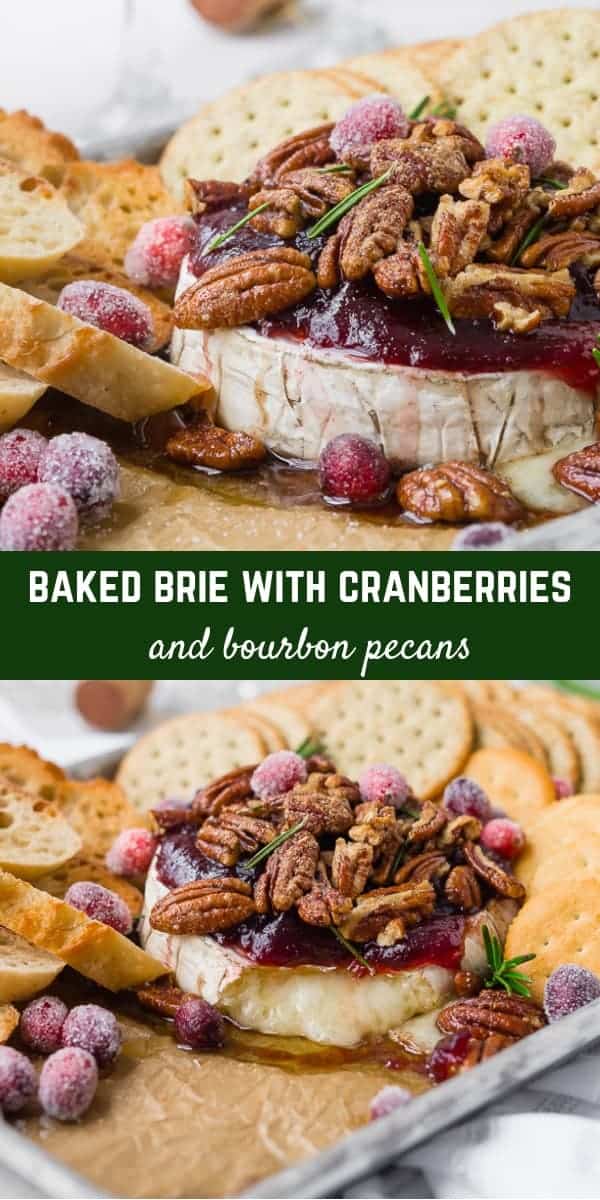 This baked Brie recipe with cranberry sauce and bourbon candied pecans will be your new favorite recipe for entertaining. Perfect for Thanksgiving or Christmas...it's easy to make and absolutely irresistible! 