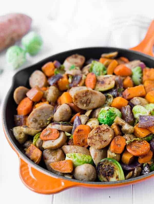 Vegetables and sausage browned in cast iron skillet.