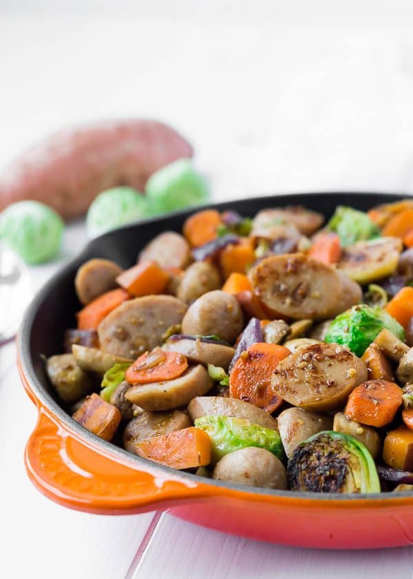 Closeup of skillet dinner.