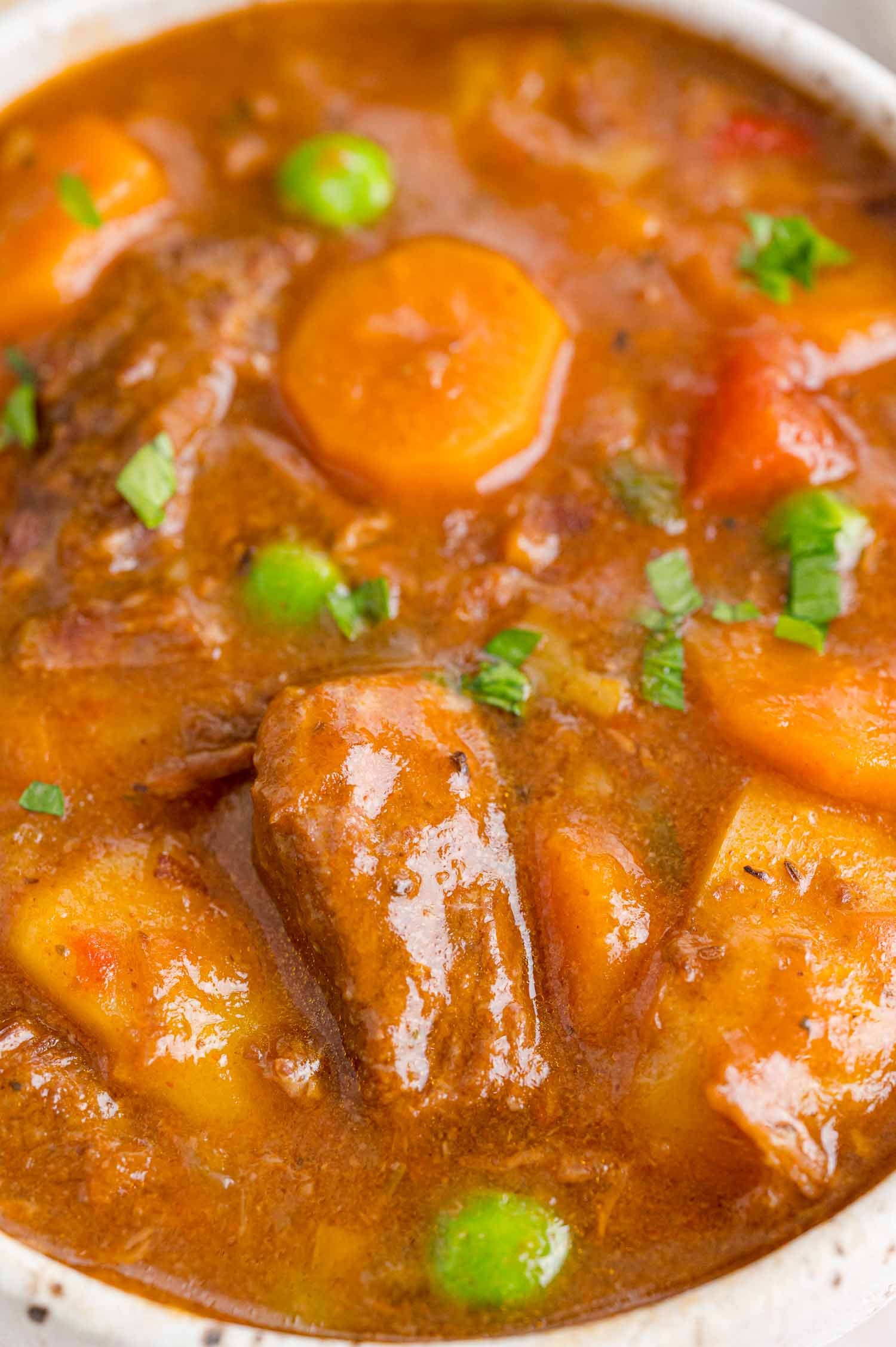 Close up of Instant Pot beef stew in a white bowl.