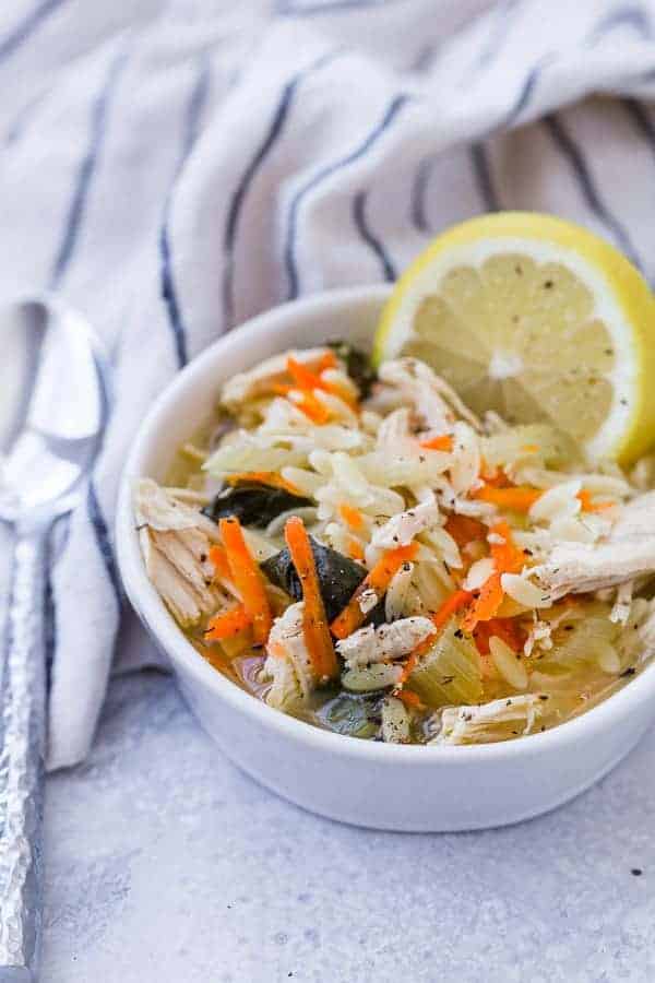 Closeup of soup in white serving bowl