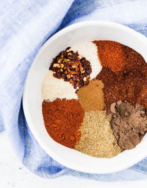 Overhead view of spices in a bowl.