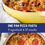 This pizza pasta is made in ONE pan, with SIX ingredients, in TWENTY minutes. I mean, really, does it get any better than that? And it's nutritious and filling! 