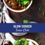 Rich and full of warm heat, this slow cooker Texas chili will instantly become your favorite chili recipe. The big chunks of beef will fall apart in your mouth! 