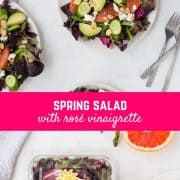 This spring salad is adorned with asparagus, grapefruit, crumbled feta, and creamy avocado. It's topped with a flavorful rosé vinaigrette, making it perfect for brunch or a light summer meal! 