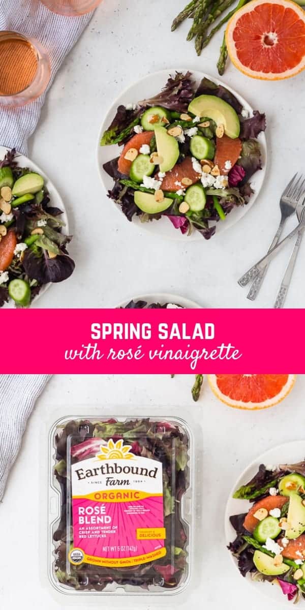 This spring salad is adorned with asparagus, grapefruit, crumbled feta, and creamy avocado. It's topped with a flavorful rosé vinaigrette, making it perfect for brunch or a light summer meal! 