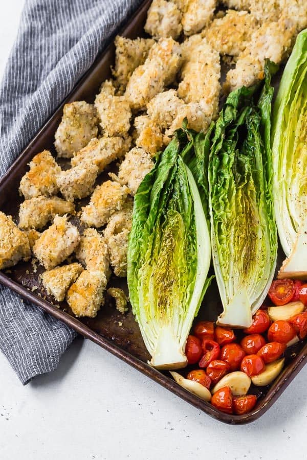 Partial overhead of sheet pan dinner.