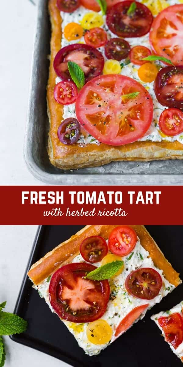 This fresh tomato tart with herbed ricotta tastes like summer on a flaky puff pastry crust. It's easy to make and visually stunning. Make it for your next party! 