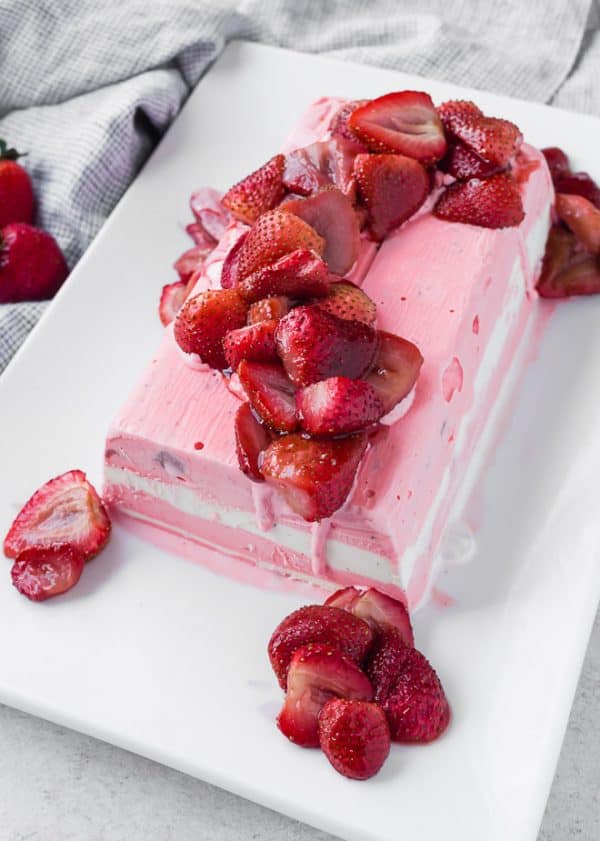 This ice cream terrine is so beautiful and ridiculously easy to make. Everyone will be so impressed! Top with roasted strawberries, fresh strawberries, or hot fudge!