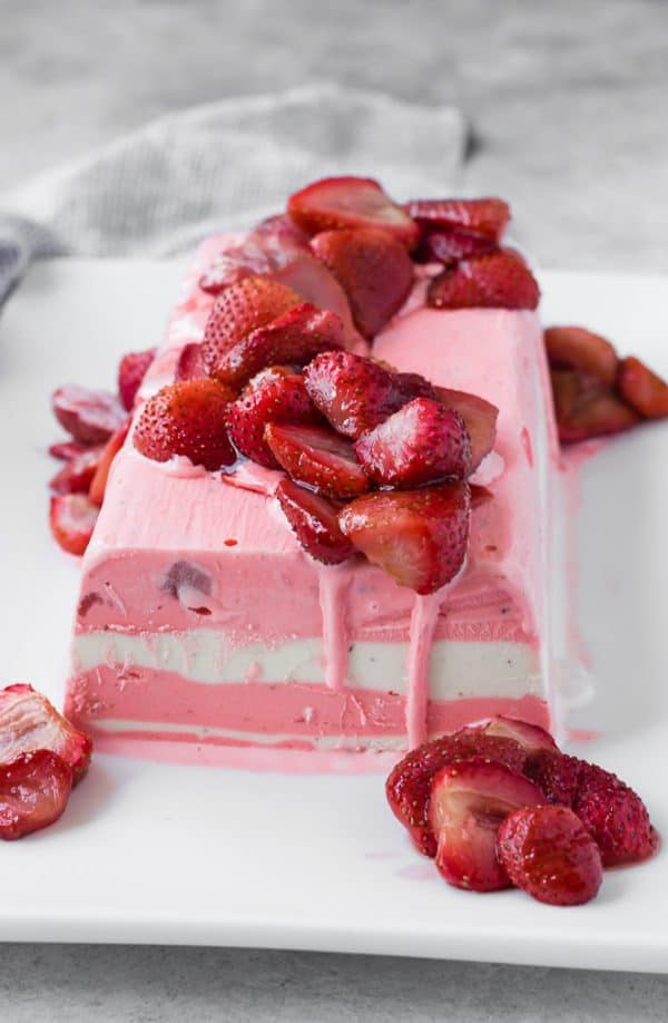 This ice cream terrine is so beautiful and ridiculously easy to make. Everyone will be so impressed! Top with roasted strawberries, fresh strawberries, or hot fudge!
