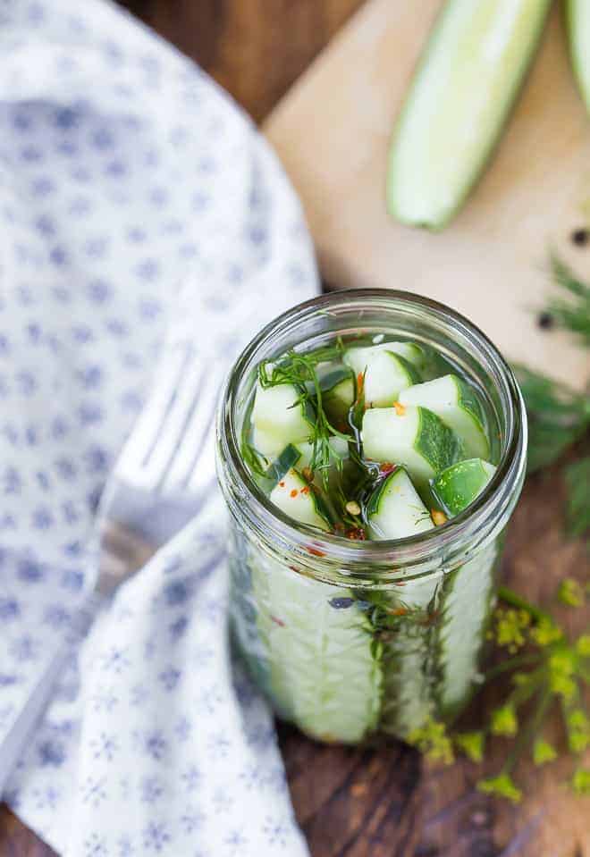 Photo of crisp quick dill pickles. 