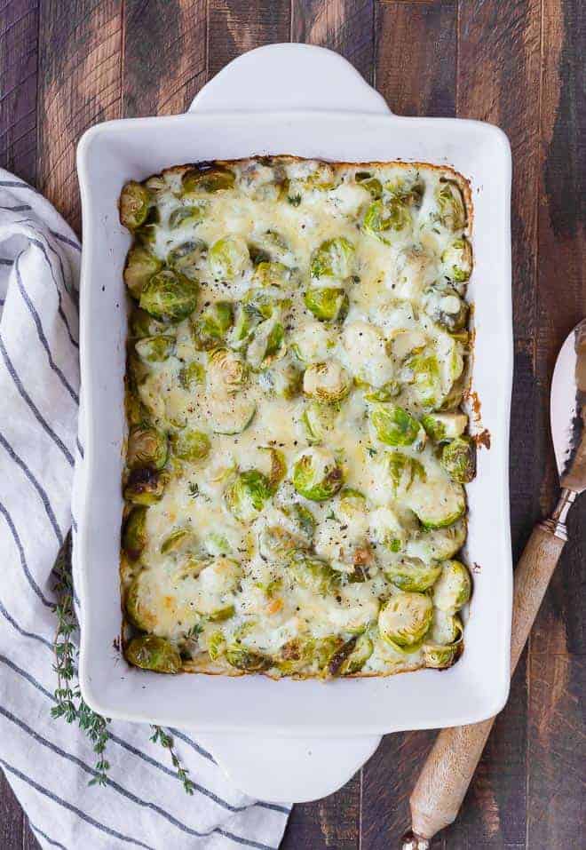 Overhead view of a pan of brussels sprouts gratin.