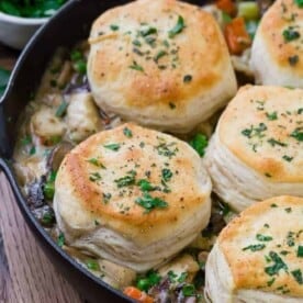 Image of chicken pot pie topped with biscuits.