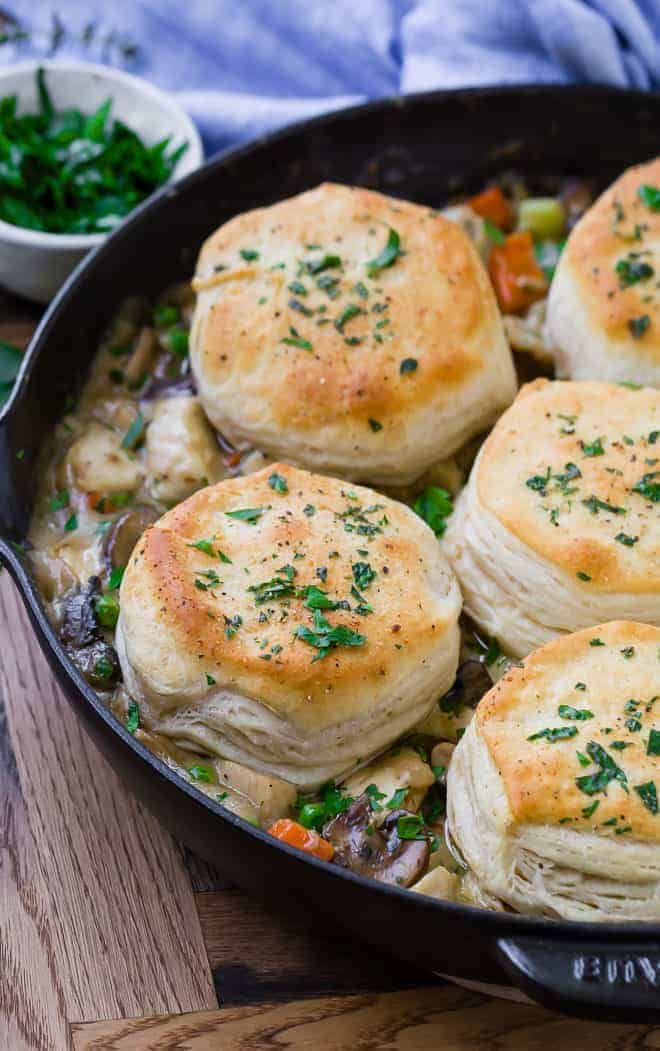 Image of chicken pot pie topped with biscuits.