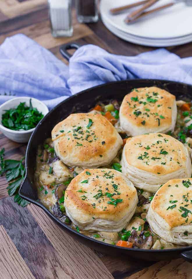 Chicken pot pie in skillet.