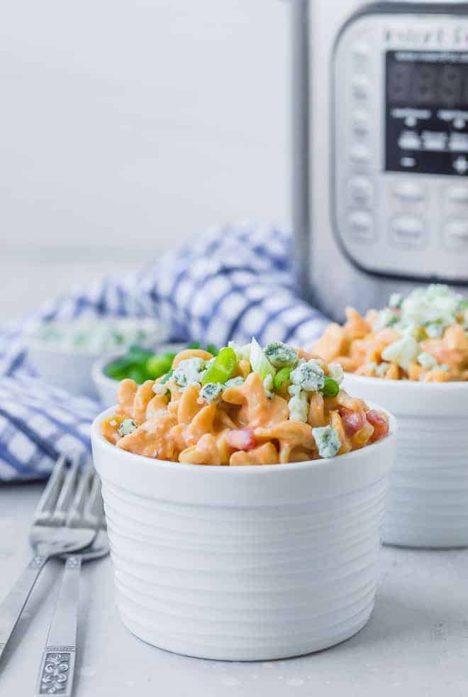 Photograph of a bowl of buffalo chicken pasta.