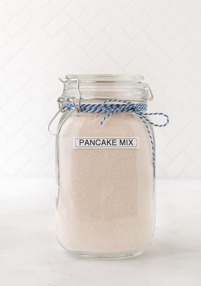Image of whole wheat pancake mix in a large jar.