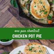 Creamy chicken and vegetables, flaky biscuits, and only one pan! This skillet chicken pot pie is comfort food at its best!