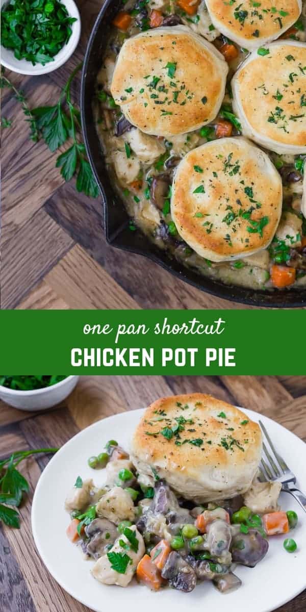 Creamy chicken and vegetables, flaky biscuits, and only one pan! This skillet chicken pot pie is comfort food at its best!