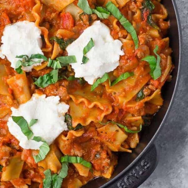 Close up photo of skillet lasagna