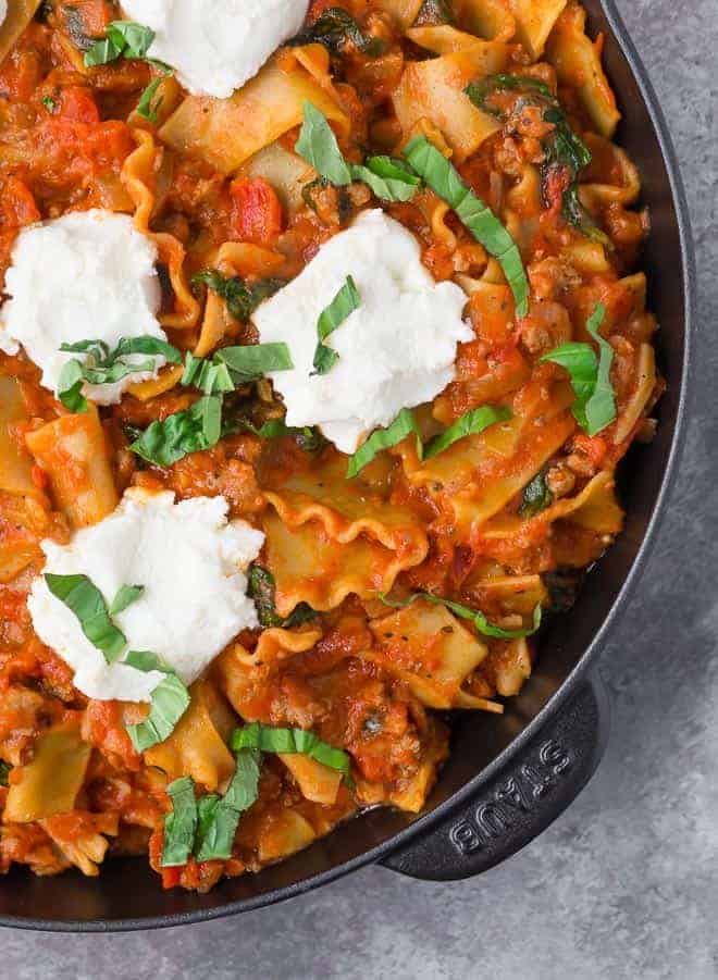 Close up photo of skillet lasagna