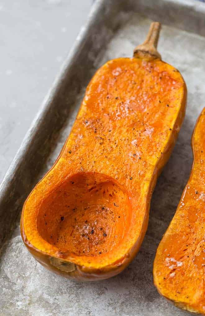 Image of roasted butternut squash in a tutorial of how to cook squash. 