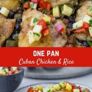 Tender, roasted chicken thighs nestled in a bed of rice, black beans, and peppers, gently seasoned with cumin and topped with a fresh pineapple salsa. I'm sure you'll love this one pan Cuban chicken and rice as much as I do!