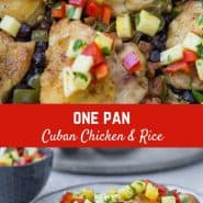 Tender, roasted chicken thighs nestled in a bed of rice, black beans, and peppers, gently seasoned with cumin and topped with a fresh pineapple salsa. I'm sure you'll love this one pan Cuban chicken and rice as much as I do!