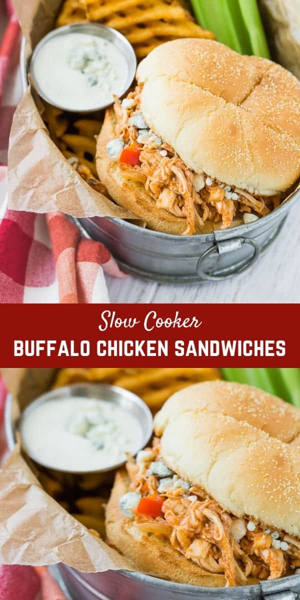 This crockpot buffalo chicken is made in the crockpot and becomes so tender and flavorful as it cooks. It's perfect on sandwiches or sliders! 