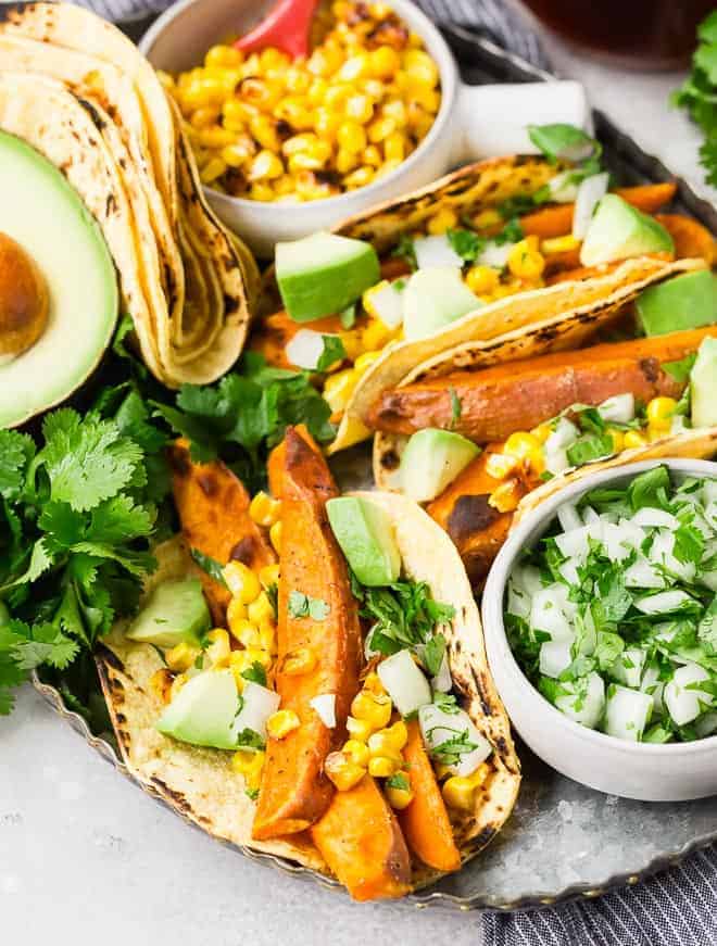 Image of vegan tacos with sweet potatoes and corn.