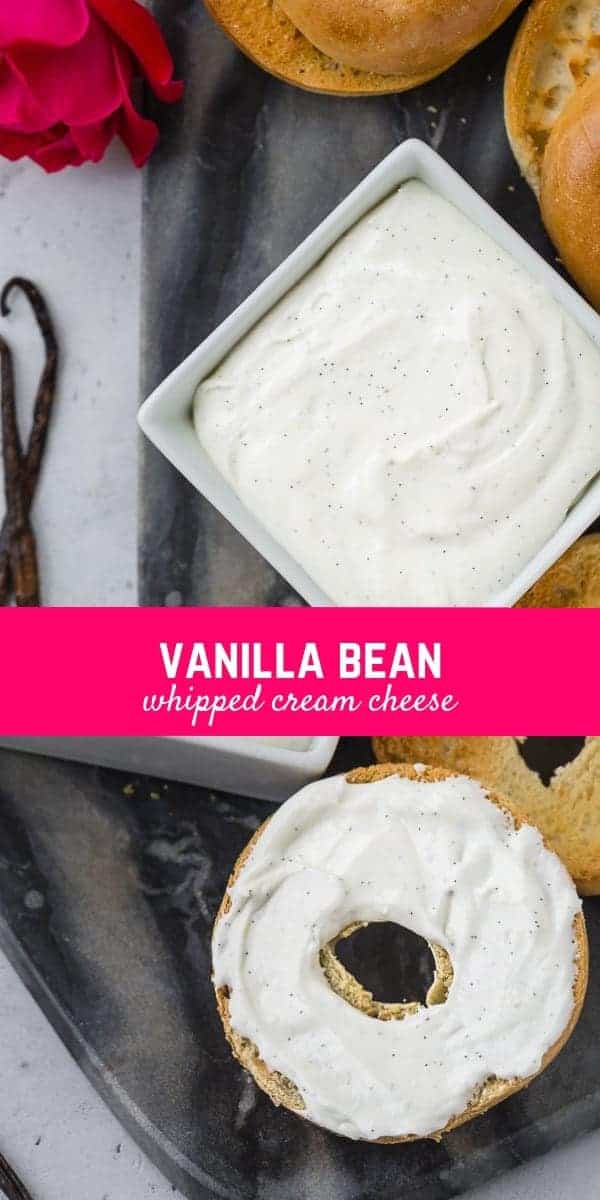 This vanilla bean whipped cream cheese is perfect on a bagel, english muffin, or your morning toast! And it's so easy to make! 